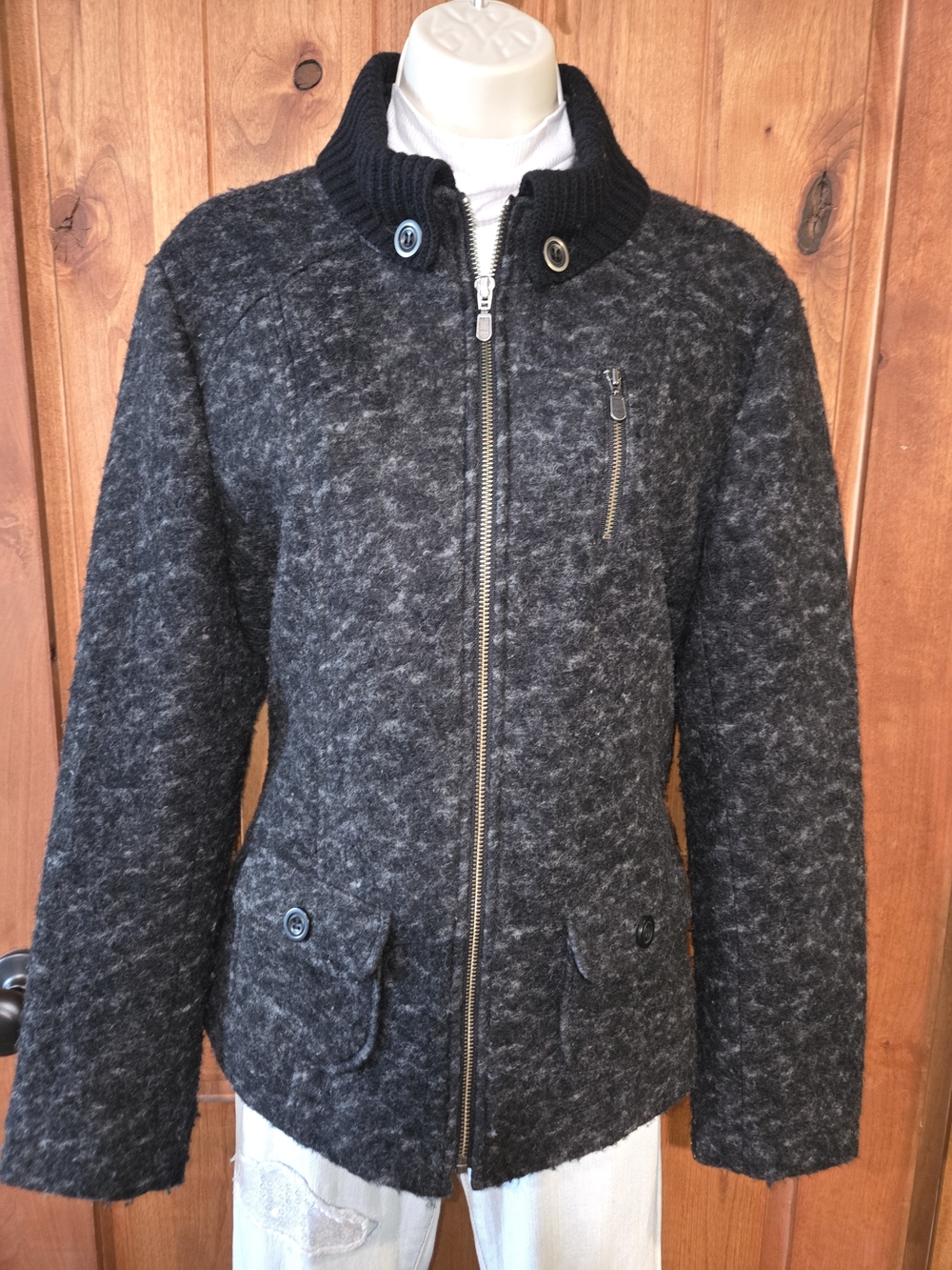 Tribal Dark Charcoal Zip-Up Wool Blend Pea Coat